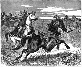 “Sioux Warriors on Horseback”, Book Illustration from “Indian Horrors or Massacres of the Red Men”, by Henry Davenport Northrop, 1891