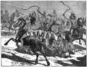 “Comanches ‘Smoking Horses’”, Sac and Fox Village, 1835, after Sketch by George Catlin, Book Illustration from “Indian Horrors or Massacres of the Red Men”, by Henry Davenport Northrop, 1891