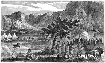 “Camp of the Nez Perces in Grande Ronde Valley”, North East Oregon, 1876, Book Illustration from “Indian Horrors or Massacres of the Red Men”, by Henry Davenport Northrop, 1891