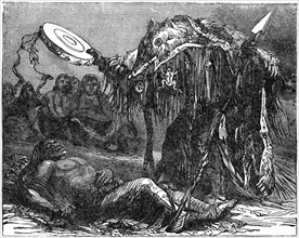 “Medicine Man Performing His Incantations”, tribe not specified, Book Illustration from “Indian Horrors or Massacres of the Red Men”, by Henry Davenport Northrop, 1891