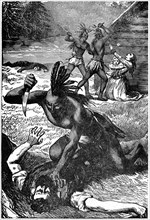 “Massacre of Settlers by the Indians”, tribe and location unspecified, Book Illustration from “Indian Horrors or Massacres of the Red Men”, by Henry Davenport Northrop, 1891