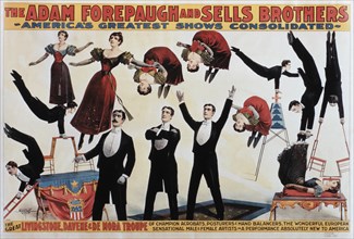 The Adam Forepaugh and Sells Brothers America's Greatest Shows Consolidated, The Great Livingstone, Davene and De Mora Troupe of Champion Acrobats, Posturers and Hand Balancers, Circus Poster, circa 1...