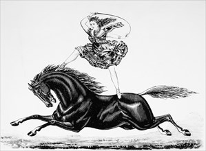 Woman Riding Bareback on Horse, Circus Performance, Woodcut, 19th Century