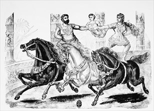 Man and Woman Riding Bareback on Horses While Holding Child Between Them, Circus Performance, Engraving, 19th Century