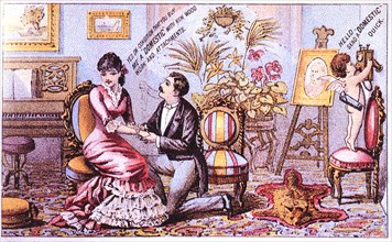 Domestic Sewing Machine Company, "Yes on Condition That you buy me a Domestic with new Wood Work and Attachments", Trade Card, circa 1885