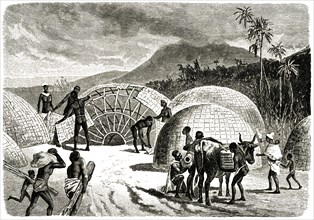Khoikhoi People Building Huts, Southern Africa, Illustration, 1885