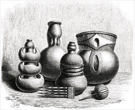 Clay Vessels, Comb and Rattle of Monbutto People, Africa, Illustration, 1885