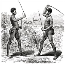 Two Zulu Men in Fencing Game, Africa, Illustration, 1885