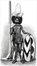 Massai Warrior in Full Regalia, Africa, Illustration, 1885