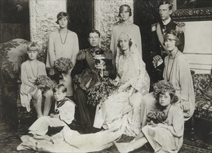 Wedding Portrait of Crown Prince Gustaf Adolf of Sweden and Lady Louise Mountbatten, the new Crown Princess of Sweden, with Attendants, London, England, UK, 1923