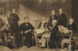 U.S. President Abraham Lincoln and First Reading of the Emancipation Proclamation of 1863, Washington DC, USA, Illustration