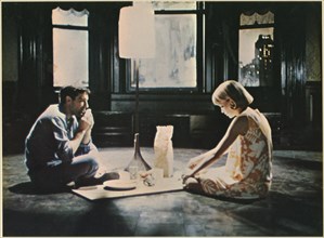 John Cassavetes, Mia Farrow, on-set of the Film, "Rosemary's Baby", 1968