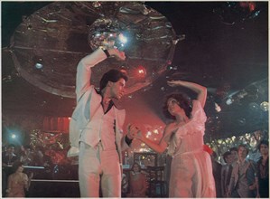 John Travolta, Karen Lynn Gorney, on-set of the Film, "Saturday Night Fever", 1977