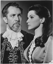 Vincent Price, Debra Paget, on-set of the Film, "The Haunted Palace", 1963