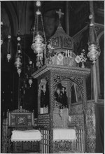 Throne of St. James the Less (R), Seat of Armenian Orthodox Patriarch (L), Cathedral of St James, Old City, Jerusalem, 1960