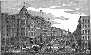 Street Scene and Palmer House, Chicago, Illinois, USA, Standard Publishing Company, Illustration, 1888