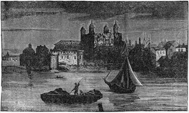 Boats in River with Tower of London in Background, London, England, UK, Standard Publishing Company, Illustration, 1888