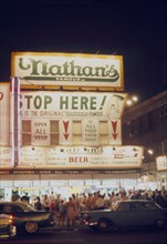 Nathan's Famous Hot Dogs, Street Scene at Night, Coney Island, New York, USA, August 1961