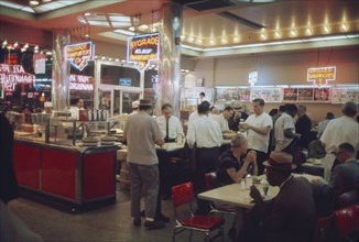 Customers inside Fast food Diner at Night, Times Square, New York City, New York, USA, July 1961