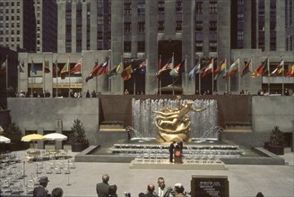Lower Plaza with Statue of Prometheus, Rockefeller Center, New York City, New York, USA, July 1961