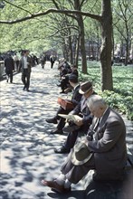 Group of Men Sitting on Park Benches, Bryant Park, New York City, New York, USA, July 1961
