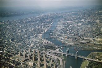 High Angle View of Queens, Bronx and Manhattan, East River and Hudson River, New York City, New York, USA, August 1959