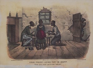 Draw Poker, Laying for 'Em Sharp, "See you , and go three better", Currier and Ives, 1886