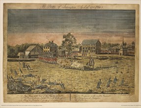 The Battle of Lexington, April 19th, 1775, Plate I, by Ralph Earl, 1775, Hand-Colored Etching and Engraving by Amos Doolittle, Printed by R. R. Donnelley & Sons Company