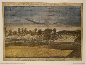 The Engagement of the North Bridge in Concord, Plate III, by Ralph Earl, 1775, Hand-Colored Etching and Engraving by Amos Doolittle, Printed by R. R. Donnelley & Sons Company
