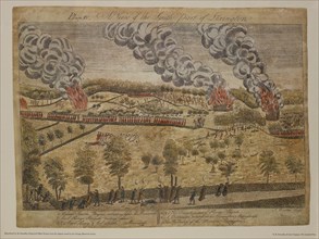 A View of the South Part of Lexington, Plate IV, by Ralph Earl, 1775, Hand-Colored Etching and Engraving by Amos Doolittle, Printed by R. R. Donnelley & Sons Company