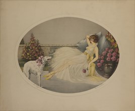 In Repose, Reclining Woman with Borzoi Dog, by Corcelles, Printed by Morris & Bendien, NY, 1920's