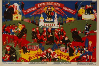 Anti-Religion Propaganda Poster, "A Day in the Life of a Priest", Bezbozhnik u Stanka Magazine, Illustration by Dmitry Moor, Russia, 1920's