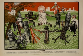 Anti-Religion Propaganda Poster, Bezbozhnik u Stanka Magazine, Illustration by Dmitry Moor, Russia, 1924