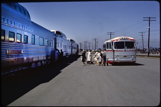 Group of People Getting Ready to Board California Zephyr Train after Arriving from Oakland Bus, San Francisco, California, USA, 1963