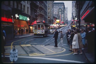 Crowded Street Scene at Dusk, Powell Street, San Francisco, California, USA, 1963