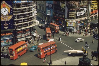 High Angle View of Piccadilly Circus and Street Scene, London, England, UK, 1960