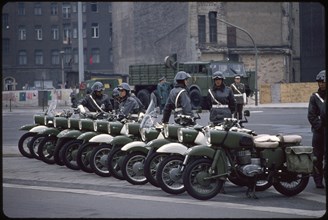 Military Police with Motorcycles Prior to May Day Parade, East Berlin, German Democratic Republic, May 1, 1974