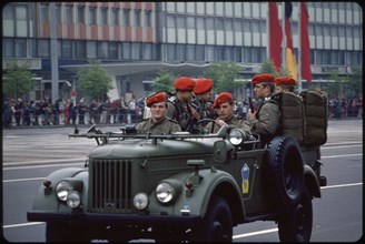 Soldiers Riding in Jeep during May Day Parade, East Berlin, German Democratic Republic, May 1, 1974