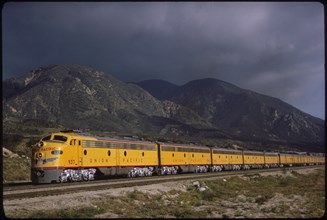 Union Pacific Diesel Locomotive Train, Cajon Pass at Cajon, California, USA, 1964