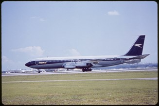 BOAC Airlines Boeing 707-436 Commercial Jet Taking off from Runway, Miami, Florida, USA, 1960's