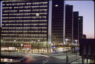 Row of Modern Office Buildings at Dusk, Stockholm, Sweden, 1966