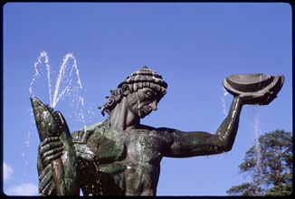 Poseidon Sculpture and Water Fountain against Blue Sky, Lower Terrace of Sculpture Park, Millsgarden, Lidingö, Sweden, 1966