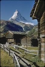 Rustic Log Cabins with Matterhorn in Background, Zermatt, Switzerland, 1964
