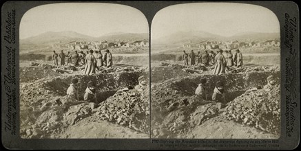 Burying the Russians killed in the desperate fighting on 203 Metre Hill in Besieged Port Arthur, Stereo Card, Underwood & Underwood, 1905