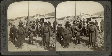 The Surrender-Japanese Sentinels Relieving Russian Sentinels in an outer fort, Port Arthur, Stereo Card, Underwood & Underwood, 1905