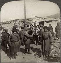 The Surrender-Japanese Sentinels Relieving Russian Sentinels in an outer fort, Port Arthur, Single Image of Stereo Card, Underwood & Underwood, 1905