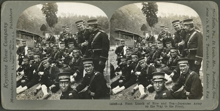 A Noon lunch of rice and tea-Japanese army on the way to the front, Stereo Card, Keystone View Company, 1904