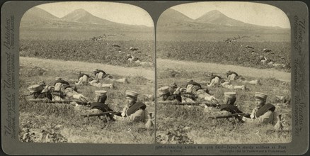 Advancing across an open field-Japan's sturdy soldiers at Port Arthur, Stereo Card, Underwood & Underwood, 1905