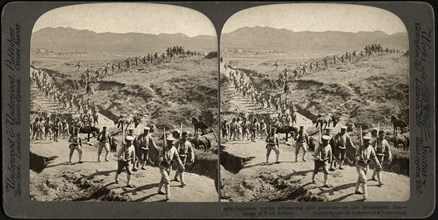 Japanese Troops advancing into Position-On the investment Line-Siege of Port Arthur, Stereo Card, Underwood & Underwood, 1905