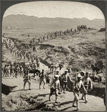 Japanese Troops advancing into Position-On the investment Line-Siege of Port Arthur, Single Image of Stereo Card, Underwood & Underwood, 1905